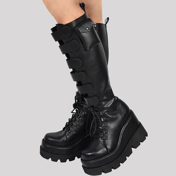 

new brand design big size 43 shoelaces motorcycles boots female platform wedges high heels mid-calf boots women shoes c0129, Black