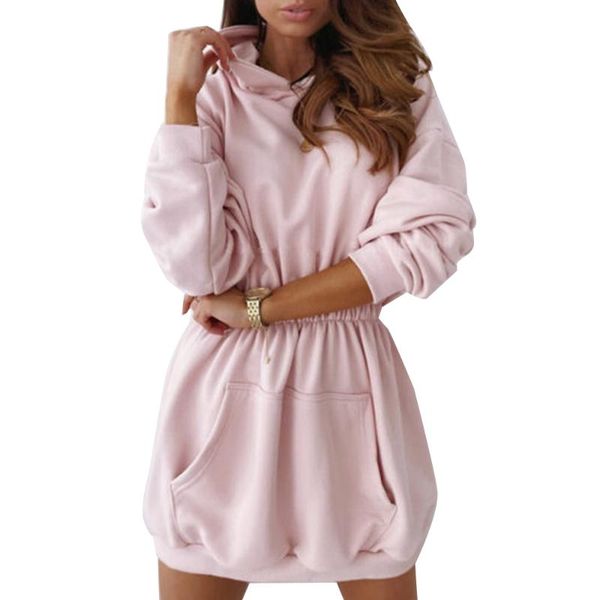 

pocket dresses women candy color elastic draw back long sleeve hooded sweet clothing casual a-line mini dress, Black;gray