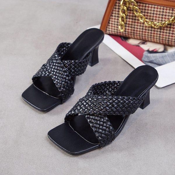 

woman mules ladies party slides leisure open toe set foot office ladies sandals square high heels slippers fashion women shoes, Black