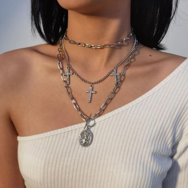 

kmvexo fashion multilayer hip hop long chain necklace for women men jewelry gifts cross pendant necklace punk accessories, Silver