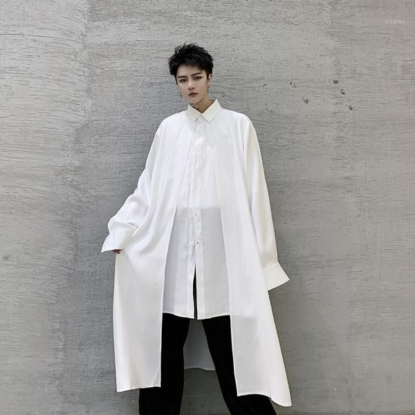 

male streetwear long style fashion loose dress shirts black white men 2 pieces splice casual long sleeve shirts1, White;black