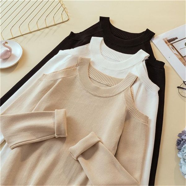 

2021 off shoulder knitted sweater women solid pullover sweater white black 2021 autumn winter female zy4869