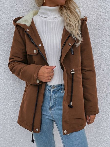 

drawstring waist hooded parka coat n2jb#, Black