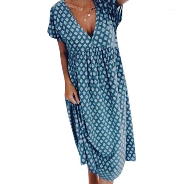 

s-5xl plus size loose dress women v neck short sleeve summer dresses printed casual beach party dress long women clothing1, Black;gray