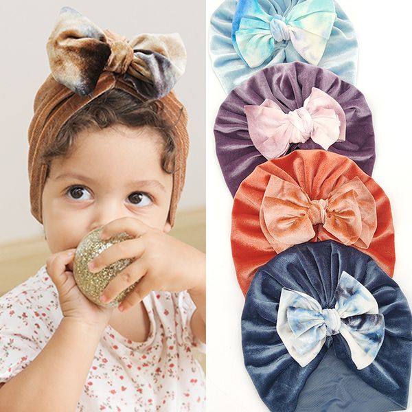 

children tie dyed hat children golden velvet cap butterfly-knotted baby hood neutral cap cotton dome, Yellow