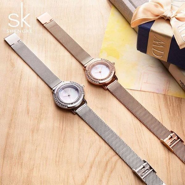 

steel shengke belt fashion k0076 diamond mesh inlaid women's watch, Slivery;brown