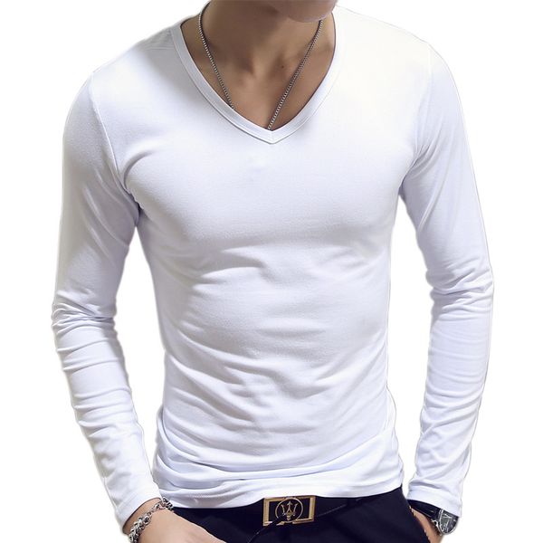 

simple long sleeve spring autumn cultivate one's morality men's t-shirt sets v-neck solid polyester white grey blue t shirt men, White;black