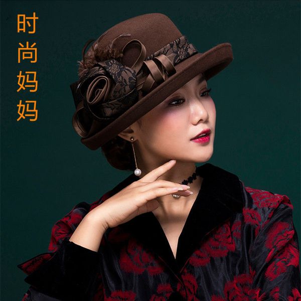 

new style mother girl autumn winter british fashion pure wool felt women's flower curling warm woolen hat
