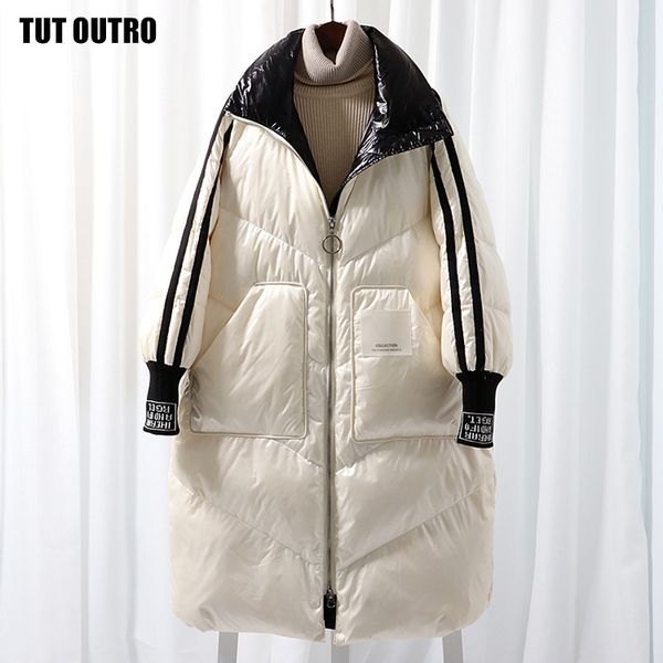 

fashion contrast letter print glossy loose ultra light down jacket winter down jacket women long down jacket c1204, Black