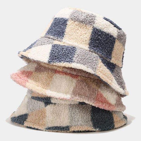 

women caps winter fluffy plush bucket hat fashion ladies warm tartan faux fur fisherman cap outdoor sunscreen sun hat1, Blue;gray