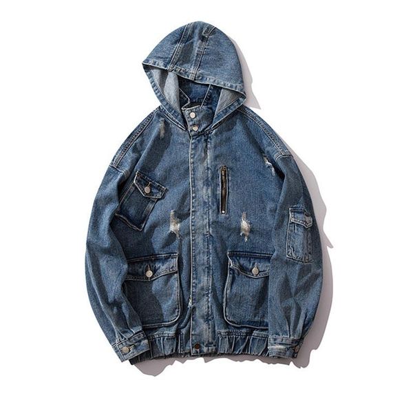 

mcikkny men's ripped denim jackets washed front pockets hooded jeans jackets for male size m-2xl solid color, Black;brown
