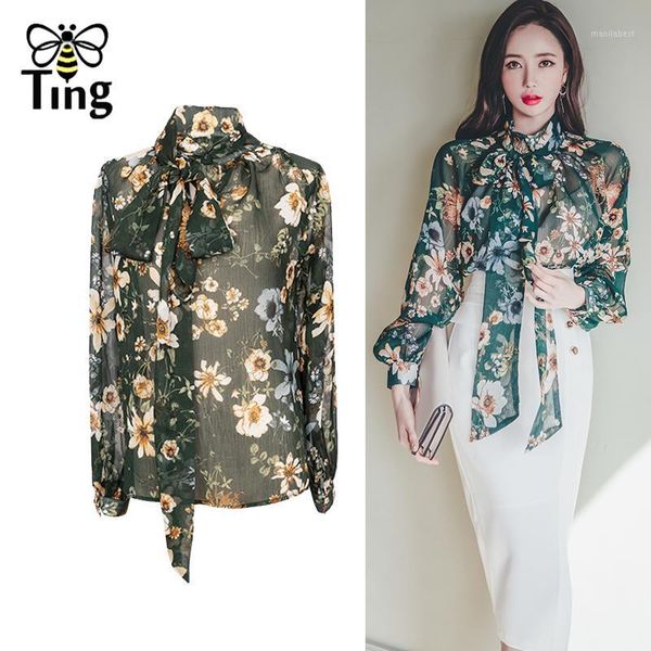 

tingfly vintage elegant vogue floral print summer blouses women see through chiffon office work blusas femme new look bowknot to1, White