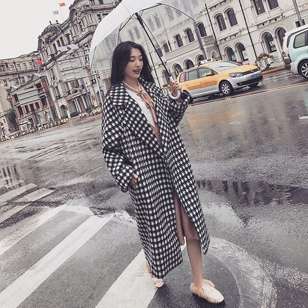 

women casual wool blend trench coat 2020 winter warm plaid vintage woolen coat oversize loose outwear jacket1, Black
