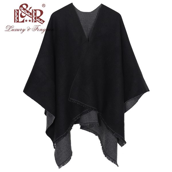 

new fashion double sides winter poncho cashmere women poncho scarf foulard femme wool shawl poncho and caps tassle 201119, Blue;gray