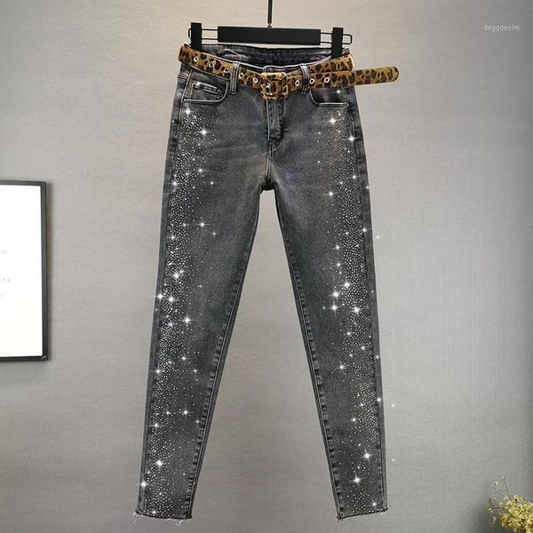 

women's jeans women's 2021 spring stretch slim slimming rhinestone feet pants1, Blue