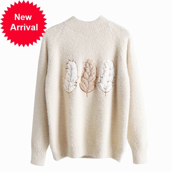 

female soft furry sweater mock neck warm feather autumn long casual sleeve c-334-2, White;black