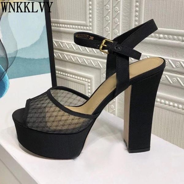 

runway 12 cm chunky high heel platform sandals women black lace peep toe ankle strap sandalias summer party dress shoes