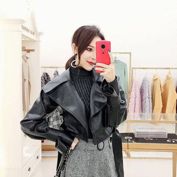 

fashion red leather jacket with belt autumn women new 2020 short slim faux washed pu leather streetwear motorcycle jacket female1, Black