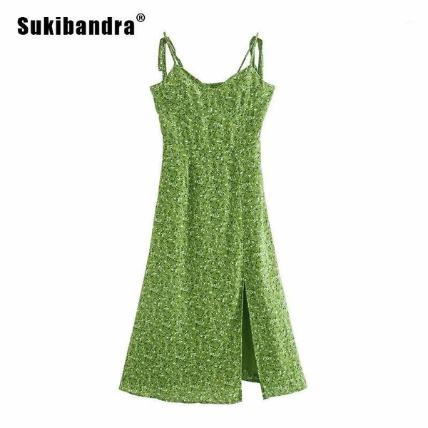 

sukibandra summer green floral print midi dress for women vintage spaghetti strap dresses casual beach boho side split dress1, Black;gray