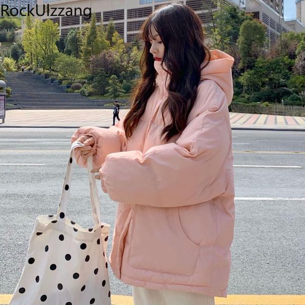 

solid pink white puffer cotton padded warm down chaqueta winter thick parka loose hooded coat windbreaker women outwear fashion, Black