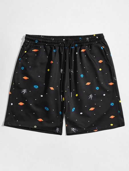 

men galaxy & spaceman print shorts i89v#, Black