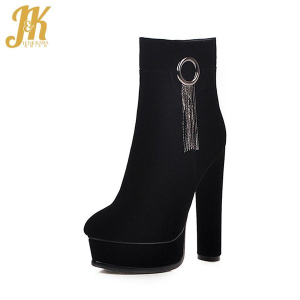 

jk black thick platform round toe bootie metal decor women ankle boots fashion fringe female shoes non slip zip casual boot