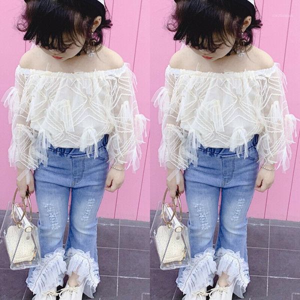 

clothing sets toddler kids clothes set baby girl lace off shoulder t shirt destroyed ripped jeans flare pants children outfits 2pcs 1, White