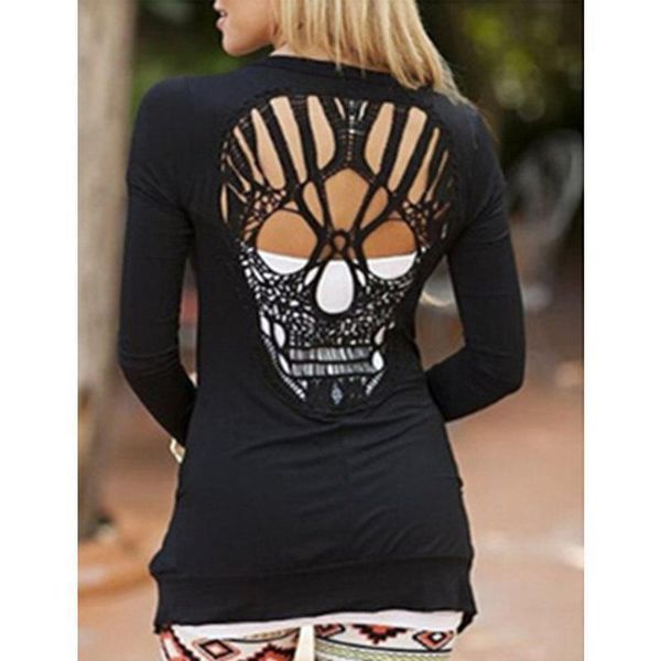 

dropshipping 2018 autumn skull hollow back black cardigan long sleeve cardigan tees black women fahion, White