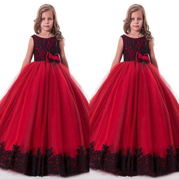 Glamorous Çocuk Pageant Elbiseler Güzellik Dantel Aplikler Siyah Ve Kırmızı Çiçek Kız Elbise Vestidos De Comunion Çocuklar Örgün Wea