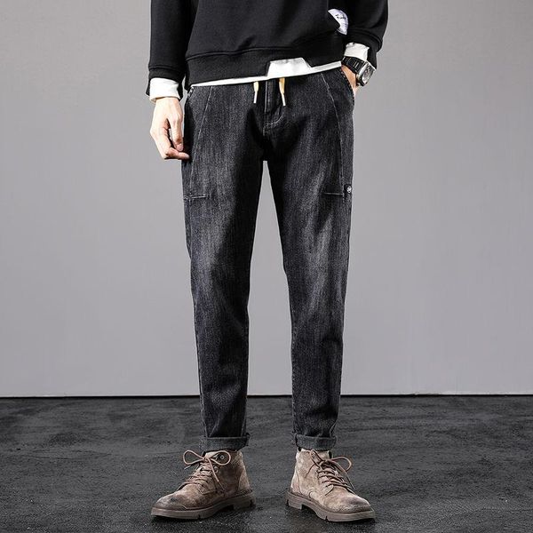 

jeans men's trend all-match small feet autumn and winter stretch plus velvet thick casual tide long pants, Blue