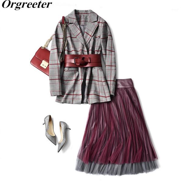 

women's two piece pants high street women plaid blazer pu wide belt + patchwork long mesh pleated skirts 2 set 2021 summer fall set1, White