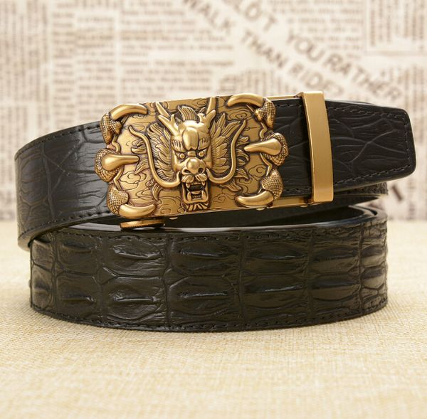 

new crocodile pattern men's real cowhide belt personality leading retro dragon claw automatic buckle cowhide belt trousers, Black;brown