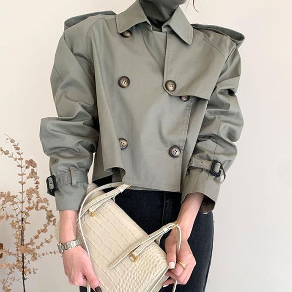 

women trench coat retro khaki women windbreaker double breasted short coats loose casual trench autumn 2021 new, Tan;black