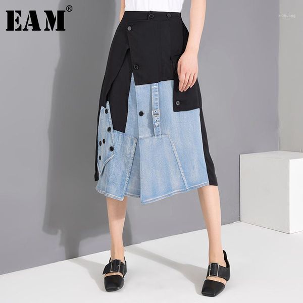 

skirts [eam] high elastic waist blue denim button irregular chiffon half-body skirt women fashion tide spring autumn 2021 1u833011, Black