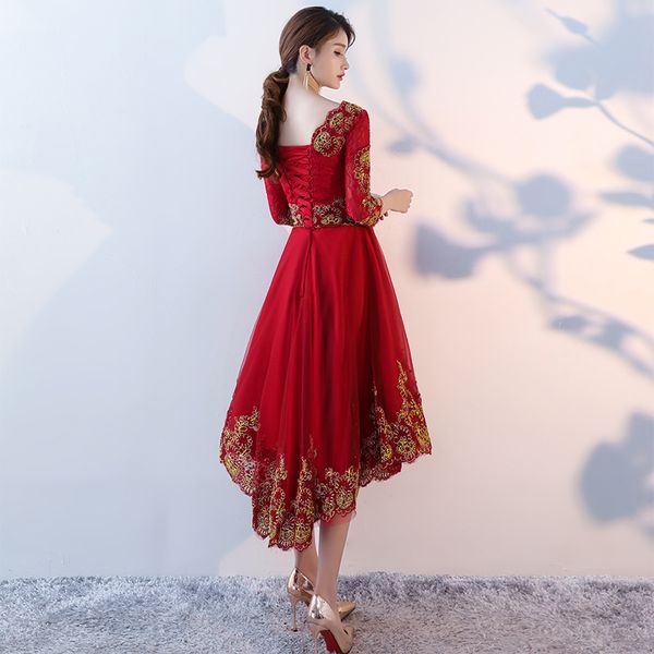 

robe de soiree 2021 wine red backless short front long back lace up evening dress with appliques party dresses prom dresses, Black;red