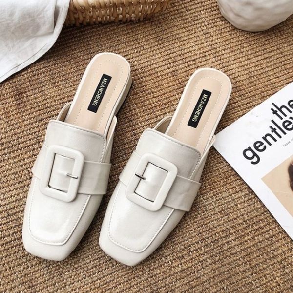 

eoeodoit square toe slippers women spring autumn leather pumps slides shoes low chunky heels slip on drags y200624, Black