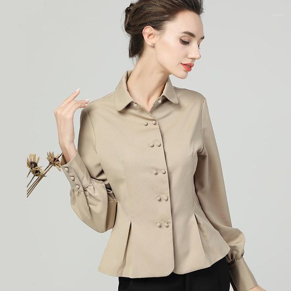

elegant slim women vintage shirt peplum solid color turn-down collar long sleeve blouse female office casual blouses 4xl1, White
