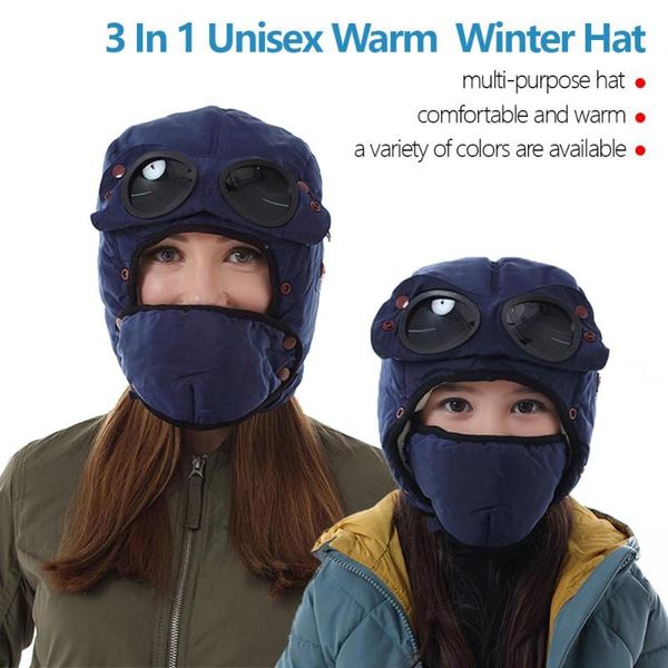 

3 in1 outdoor warm cap winter men original design winter hats for children women waterproof hood hat with glasses cool balaclava, Black