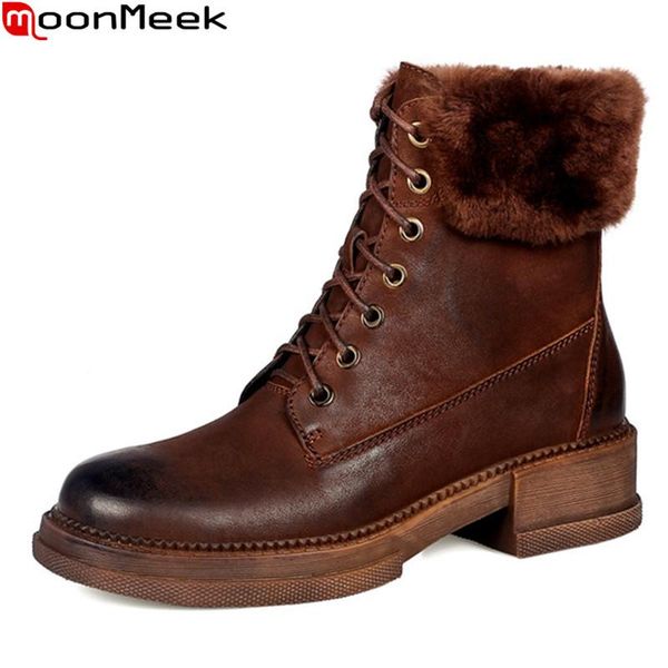 

moonmeek 2021 new brand women boots genuine leather boots fashion lace up winter keep warm ankle black brown