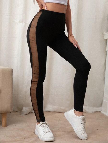 

mesh insert elastic waist leggings 01k6#, Black