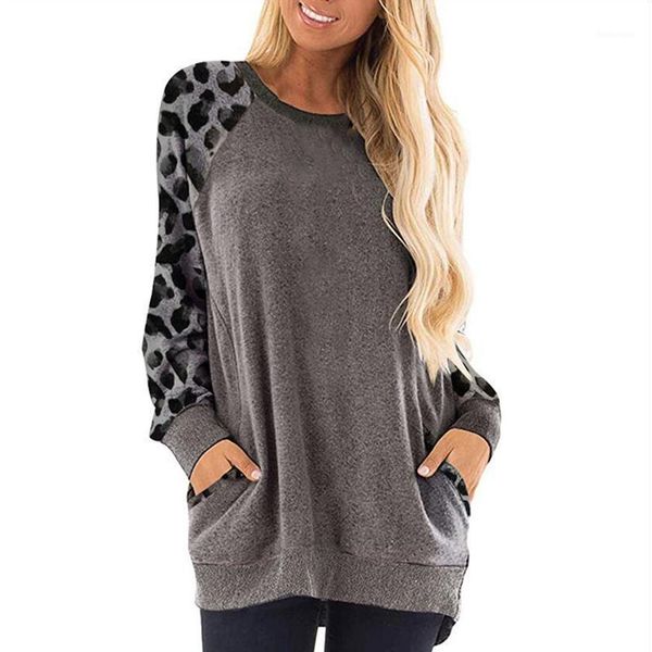 

autumn womens fashion patchwork leopard casual concise personality long sleeve sweatshirt female o-neck 1, Black