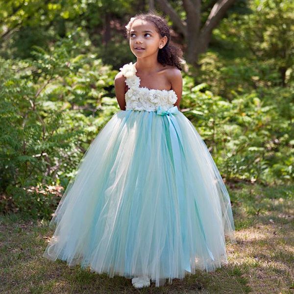 

setwell one shoulder ball gown flower girls' dresses sleeveless backless flowers crystal beaded pleated tulle princess pageant gowns, White;blue