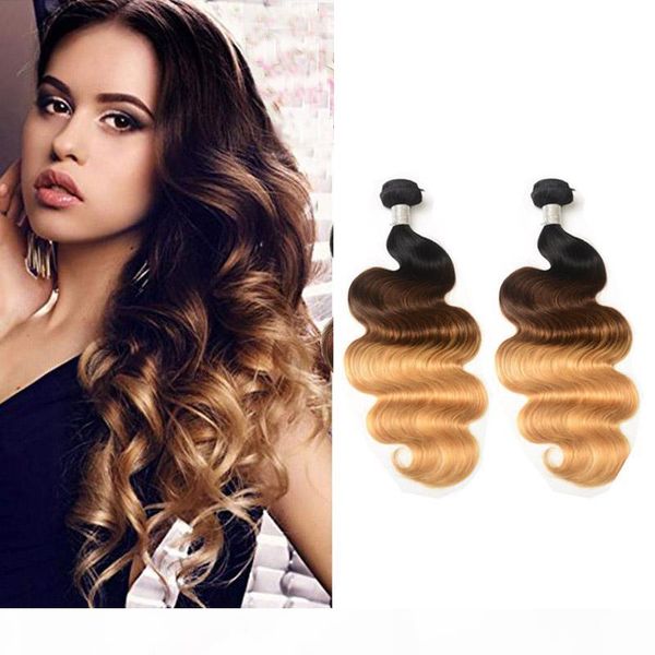 

malaysian 100% human hair extensions body wave 1b 4 27 ombre hair double wefts 10-28inch 1b 4 27 three tones color, Black