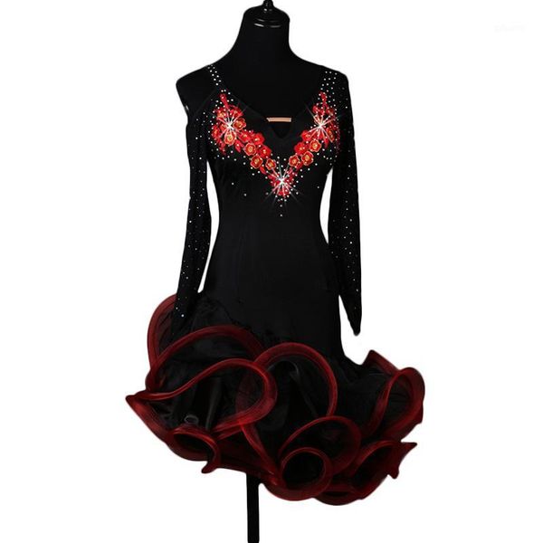 

lady women off-the-shoulder long-sleeved latin dance skirt performance clothing female professional decals dance dress1, Black;red