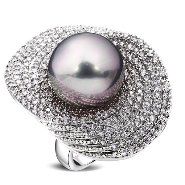

big rings for women rhodium plated w/ cubic zircon & imitation pearl copper ring new designer fashion jewelry j 190515, Slivery;golden