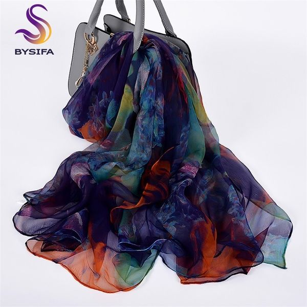 

bysifa] ladies silk scarf shawl new long scarves fashion brand scarves elegant purple blue neck scarf beach shawl cover-ups y200103, Blue;gray