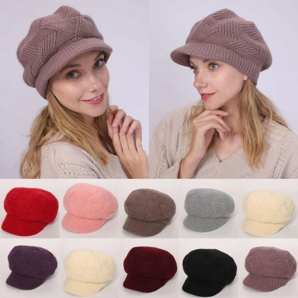 

berets winter women pure color crochet cap thick warm peaked visor brim slouchy hat ladies elegant knitted hats accessories, Blue;gray