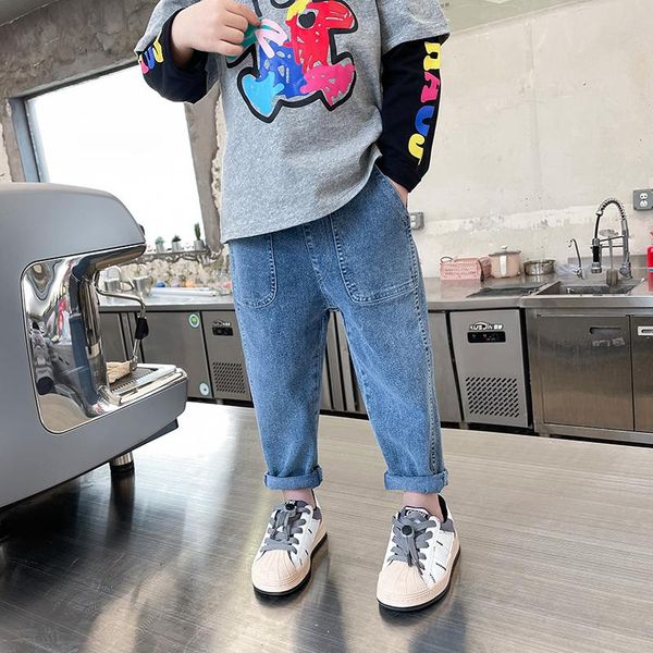 

new solid boys and girls denim pants 2021 spring and autumn korean children's trousers 0-9 years old elastic waist mid kids pant, Blue