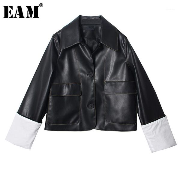 

eam] loose fit black pu leather short temperament jacket new lapel long sleeve women coat fashion tide spring 2020 1y2671, Black;brown