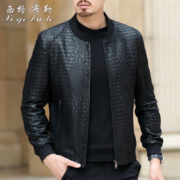 

men's fur & faux men leather jackets motorcycle jacket men's middle-aged slim sheep skin baseball stand collar jacket1, Black